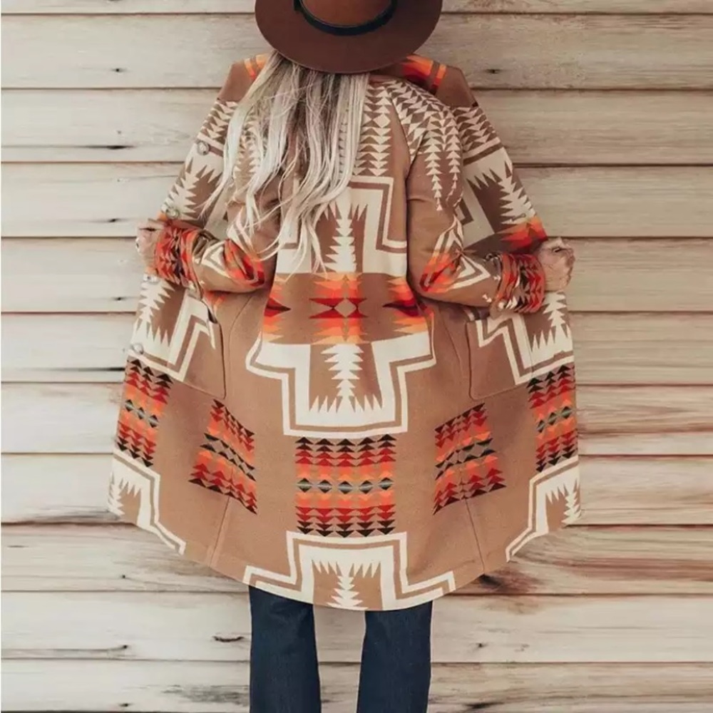 SOLD OUT Western Boho Tribal Camel Button Up Peacoat Coat - Picture 3 of 7